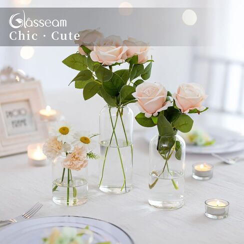 Glass Bud Vases for Centerpieces - Glasseam Clear Small Flower Vase Decor Bulk Set of 12 Handmade Modern Decorative Vases for Flowers Wedding Centerpiece for Dining Table Decoration in Kuwait