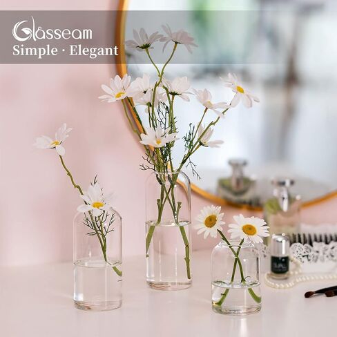 Glass Bud Vases for Centerpieces - Glasseam Clear Small Flower Vase Decor Bulk Set of 12 Handmade Modern Decorative Vases for Flowers Wedding Centerpiece for Dining Table Decoration in Kuwait