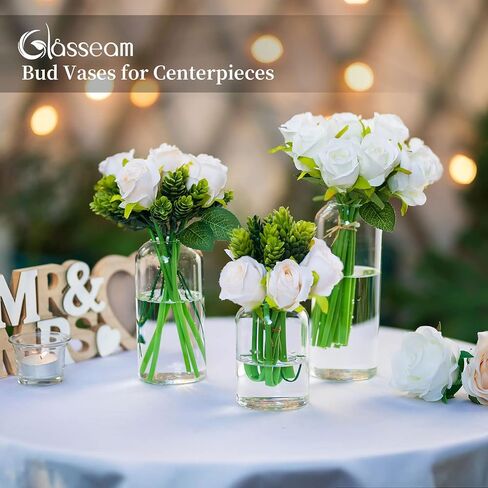 Glass Bud Vases for Centerpieces - Glasseam Clear Small Flower Vase Decor Bulk Set of 12 Handmade Modern Decorative Vases for Flowers Wedding Centerpiece for Dining Table Decoration in Kuwait