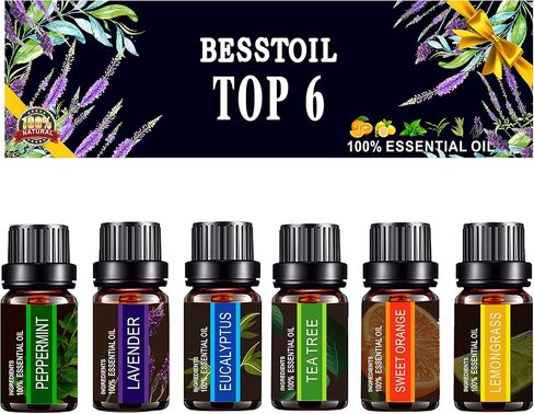مجموعة الزيوت العطرية من TOP6، من بيستوب أويل بدرجة علاجية نقية 100% موزع الزيوت العطرية (الخزامى، شجرة الشاي، الأوكالبتوس، عشب الليمون، النعناع، البرتقال الحلو)، 10 مل / 6 قطع in Saudi Arabia