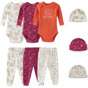 Ecojoy Baby Long Sleeve Bodysuits Newborn Clothes 9-Piece Jumpsuits Pant Hat Set for Boys and Girls