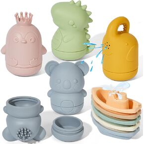 Silicone Bath Toys with Floating Boats for Toddlers 1-3, 9PCS Animal Mold Free Bathtub Toy for Infants 6-12 Months, Eco-Friendly Non Toxic Water Table Toys,No Mold Shower Toys