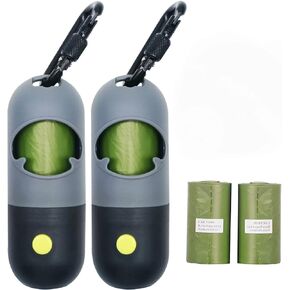 Poop Bag Holder with Flashlight Waste Bag Dispenser for Leash Dog Bag Holder with Clip Poop Bag Dispenser with Green Scented Poop Bags Rechargable USB Cable(Black,2 Dispenser 60 Bags)