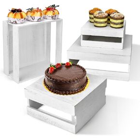 Set of 4 Rustic White Wooden Display Risers: Stackable Rustic Cake Stands, Whitewashed Decorative Cupcake & Appetizer Boxes for Wedding, Birthday, Parties - Versatile Dessert and Food Showcase in Saudi Arabia