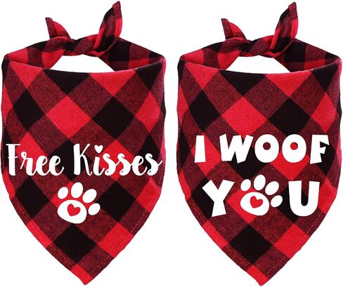 STMK 2 حزمة من عصابات الكلاب في عيد الحب، قبلات مجانية I Woof You Plaid Dog Puppy Bandana للكلاب الجرو في عيد الحب وحفلات الزفاف وحفلات الزفاف (أحمر، قبلات مجانية وأنا Woof You) in Saudi Arabia