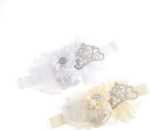 Baby Christening Headband Toddler Girls Fabric Flower Headband Tiara Stretchy Elastic in Pairs (Child, White/Pink) in Saudi Arabia