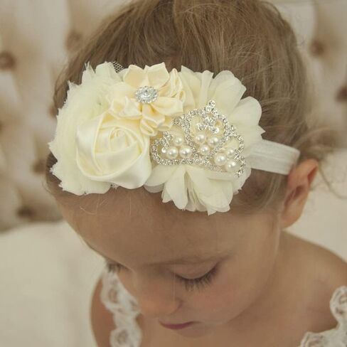 Baby Christening Headband Toddler Girls Fabric Flower Headband Tiara Stretchy Elastic in Pairs (Child, White/Pink) in Saudi Arabia