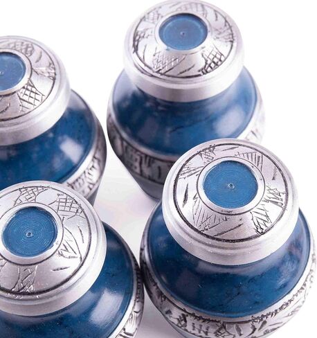 GSM Brands Keepsake Cremation Urns (Set of 4) - Mini Funeral Memorials in Blue Design with Box - Meant for Sharing of Token Amount of Ashes (3.5 Inch by 2.5 Inch) in Saudi Arabia