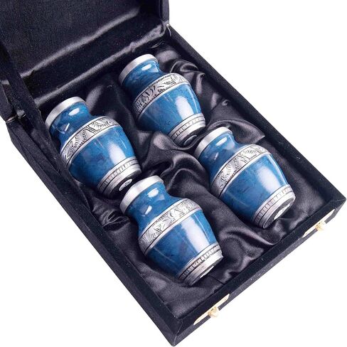GSM Brands Keepsake Cremation Urns (Set of 4) - Mini Funeral Memorials in Blue Design with Box - Meant for Sharing of Token Amount of Ashes (3.5 Inch by 2.5 Inch) in Saudi Arabia