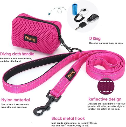 Didog 6FT Reflective Nylon Dog Leash, Durable 1" Wide Walking Pet Lead with Soft Padded Handle & Mesh Dispenser Poop Bag for Small Medium Large Dogs, Hot Pink in Saudi Arabia