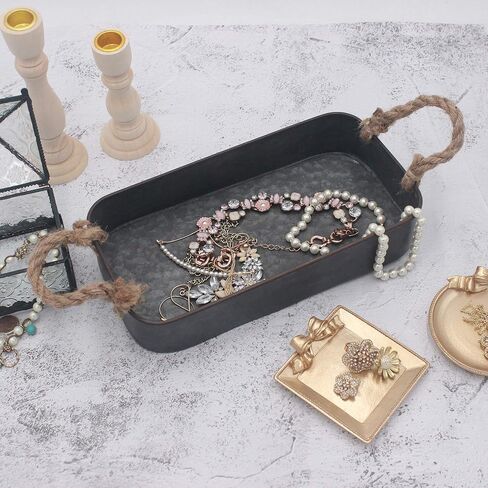 صينية تقديم معدنية مستطيلة الشكل مطلية باللون الأسود المجلفن من Funerom مزودة بلمسة نهائية من الصدأ ومقابض حبل، (10.32 سم × 13.97 سم) in Kuwait