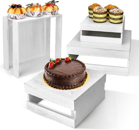 Set of 4 Rustic White Wooden Display Risers: Stackable Rustic Cake Stands, Whitewashed Decorative Cupcake & Appetizer Boxes for Wedding, Birthday, Parties - Versatile Dessert and Food Showcase in Saudi Arabia
