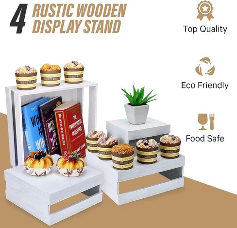 Set of 4 Rustic White Wooden Display Risers: Stackable Rustic Cake Stands, Whitewashed Decorative Cupcake & Appetizer Boxes for Wedding, Birthday, Parties - Versatile Dessert and Food Showcase in Saudi Arabia