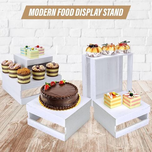 Set of 4 Rustic White Wooden Display Risers: Stackable Rustic Cake Stands, Whitewashed Decorative Cupcake & Appetizer Boxes for Wedding, Birthday, Parties - Versatile Dessert and Food Showcase in Saudi Arabia