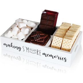 علبة S'Mores، حامل بار Farmhouse S'More مع مقبض مقصوص، محطة سمورز خشبية، منظم إكسسوارات سمورز، صندوق حاوية لوازم سمورز، صينية تقديم سمورز (أبيض كبير) in Kuwait