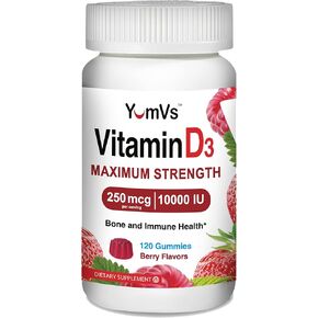 YUM-V'S Vitamin D D3 10000 iu Gummies من YumVs | القوة القصوى للبالغين | 250 ميكروجرام - 5000 وحدة دولية فيتامين د لكل علكة | نكهة التوت الطبيعية - عدد 120 in Kuwait