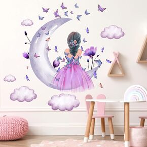 Moon Girl Wall Decal Purple Flower Butterfly Wall Sticker for Nursery Decor | Girls Room Decor Peel and Stick Butterfly Wall Sticker Pink Princess Nursery Decor Self-adhesive Wall Decal for Girl Women in Saudi Arabia