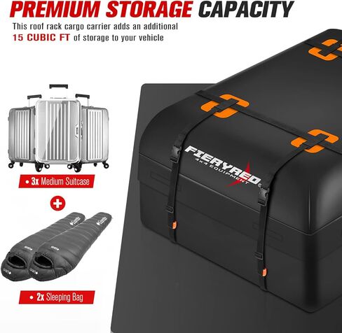 FieryRed Car Roof Bag Cargo Carrier - 15 قدم مكعب حقيبة أمتعة مقاومة للماء على السطح مع حصيرة مضادة للانزلاق، حقيبة تخزين الأمتعة للسفر ذات هيكل ناعم لجميع المركبات مع أو بدون رف in Kuwait