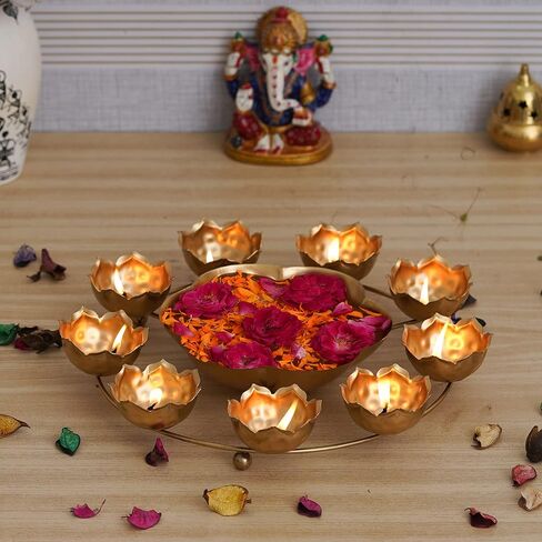 Diya Shape Decorative Urli Bowl for Home Metal Handcrafted for Floating Flowers and Tea Light Candles Home ,Office and Table Decor| Diwali Decoration Items ( 14 Inches), Gold in Kuwait
