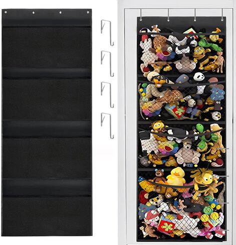 FYY Over The Door Organizer, Hanging Storage for Stuffed Animal with 4 Large Mesh Pocket Breathable Behind Door Wall Mount Organizer for Bedroom Bathroom Closet Toys Storage Black in Saudi Arabia