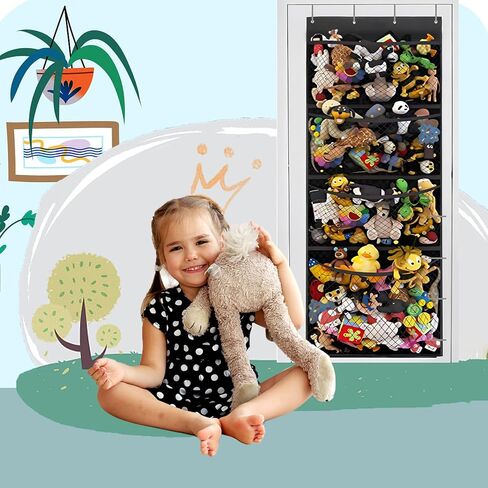 FYY Over The Door Organizer, Hanging Storage for Stuffed Animal with 4 Large Mesh Pocket Breathable Behind Door Wall Mount Organizer for Bedroom Bathroom Closet Toys Storage Black in Saudi Arabia