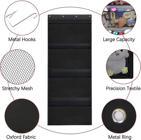 FYY Over The Door Organizer, Hanging Storage for Stuffed Animal with 4 Large Mesh Pocket Breathable Behind Door Wall Mount Organizer for Bedroom Bathroom Closet Toys Storage Black in Saudi Arabia