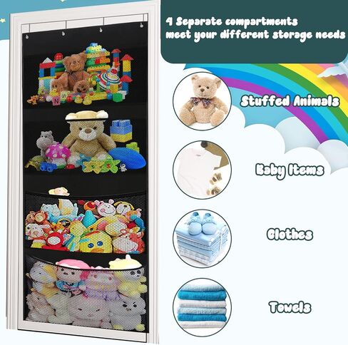 FYY Over The Door Organizer, Hanging Storage for Stuffed Animal with 4 Large Mesh Pocket Breathable Behind Door Wall Mount Organizer for Bedroom Bathroom Closet Toys Storage Black in Saudi Arabia