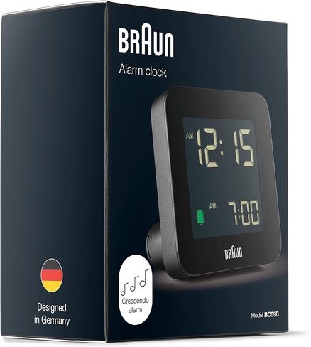 Braun Digital Alarm Clock with Snooze, Negative LCD Display, Quick Set, Crescendo beep Alarm in Black, Model BC09B in Kuwait