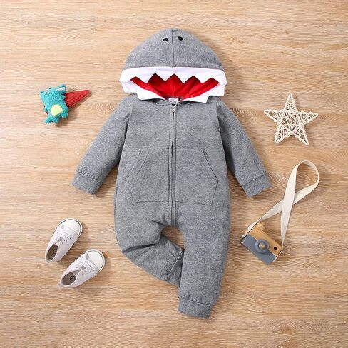 LUZOZEZO Infant Newborn Baby Boys Girls Dinosaur Shark Long Sleeve Hoodie Romper Onesies Jumpsuit Outfits in Kuwait