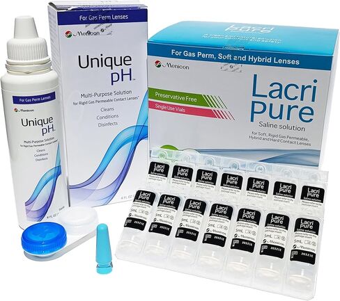 Menicon LacriPure Saline 98 Vials, Menicon Unique pH Multi-Purpose Solution 4 Oz and DMV Scleral Cup Large Contact Lens Remover, Bundle of 3 Items in Kuwait