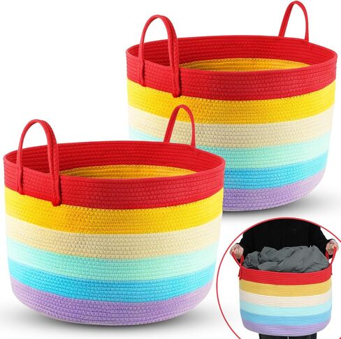 Layhit 2 Pcs Rainbow Storage Baskets 20 x 20 x 13 Inch Blanket Basket for Living Room Cotton Rope Baskets Organizer Toy Basket Storage for Kids Woven Basket for Rainbow Classroom Nursery Decoration in Saudi Arabia