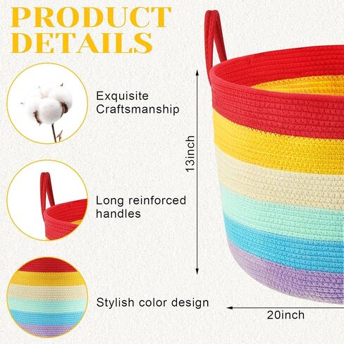 Layhit 2 Pcs Rainbow Storage Baskets 20 x 20 x 13 Inch Blanket Basket for Living Room Cotton Rope Baskets Organizer Toy Basket Storage for Kids Woven Basket for Rainbow Classroom Nursery Decoration in Saudi Arabia