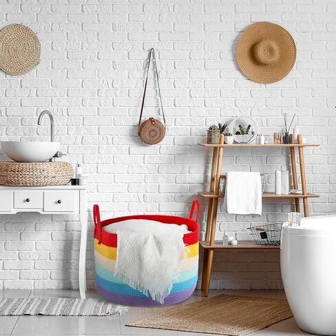 Layhit 2 Pcs Rainbow Storage Baskets 20 x 20 x 13 Inch Blanket Basket for Living Room Cotton Rope Baskets Organizer Toy Basket Storage for Kids Woven Basket for Rainbow Classroom Nursery Decoration in Saudi Arabia