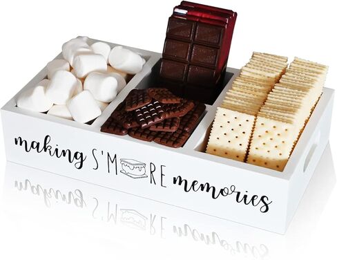 علبة S'Mores، حامل بار Farmhouse S'More مع مقبض مقصوص، محطة سمورز خشبية، منظم إكسسوارات سمورز، صندوق حاوية لوازم سمورز، صينية تقديم سمورز (أبيض كبير) in Kuwait