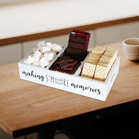 علبة S'Mores، حامل بار Farmhouse S'More مع مقبض مقصوص، محطة سمورز خشبية، منظم إكسسوارات سمورز، صندوق حاوية لوازم سمورز، صينية تقديم سمورز (أبيض كبير) in Kuwait