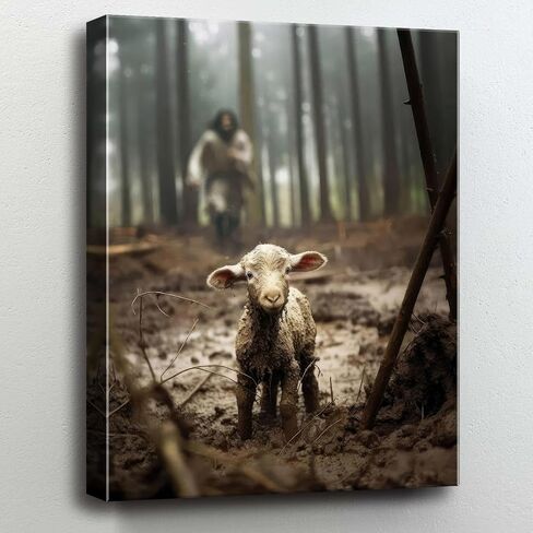Jesus and Lamb Canvas Wall Art Jesus Running After Lost Lamb Picture Wall Art Canvas Print Christian Lamb of God Home Decor Jesus Saves the Lamb a lost lamb Inspirational Christian Wall Art for Office in Saudi Arabia