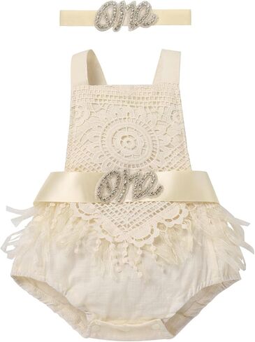 Newborn Baby 1st Birthday Outfit Boho Lace Romper Bodysuit Tutu Dress Shiny ONE Sash Headband Photo Shoot Clothes in Saudi Arabia