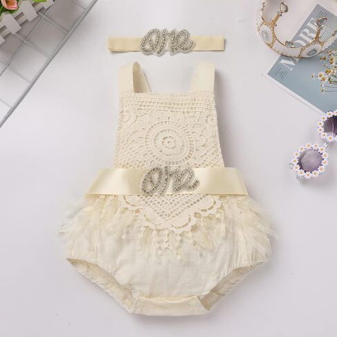 Newborn Baby 1st Birthday Outfit Boho Lace Romper Bodysuit Tutu Dress Shiny ONE Sash Headband Photo Shoot Clothes in Saudi Arabia