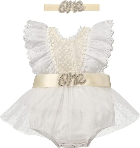 Newborn Baby 1st Birthday Outfit Boho Lace Romper Bodysuit Tutu Dress Shiny ONE Sash Headband Photo Shoot Clothes in Saudi Arabia