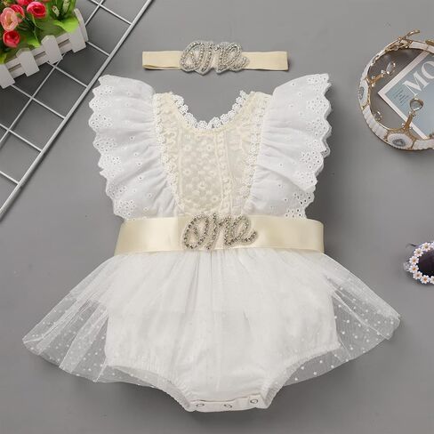 Newborn Baby 1st Birthday Outfit Boho Lace Romper Bodysuit Tutu Dress Shiny ONE Sash Headband Photo Shoot Clothes in Saudi Arabia