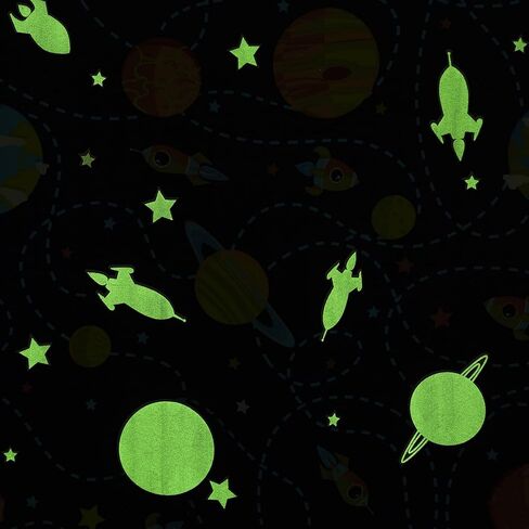 الصفحة الرئيسية لـ VCNY | مجموعة في الفضاء | زوج ستائر Glow in The Dark Rod Pocket للأطفال، مقاس 96.5 سم × 84 سم، متعدد الألوان، أزرق in Kuwait