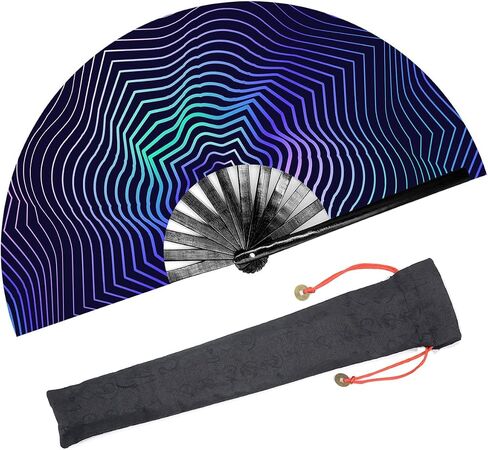 Large Rave Folding Hand Fan for Women/Men,Chinese/Japanese with Bamboo and Nylon-Cloth Handheld Fan,for Performance,Decorations, Dance,Festival Party,Gift (Trippy) in Saudi Arabia