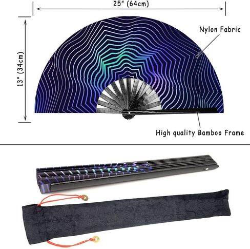 Large Rave Folding Hand Fan for Women/Men,Chinese/Japanese with Bamboo and Nylon-Cloth Handheld Fan,for Performance,Decorations, Dance,Festival Party,Gift (Trippy) in Saudi Arabia