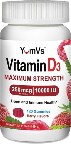 YUM-V'S Vitamin D D3 10000 iu Gummies من YumVs | القوة القصوى للبالغين | 250 ميكروجرام - 5000 وحدة دولية فيتامين د لكل علكة | نكهة التوت الطبيعية - عدد 120 in Kuwait