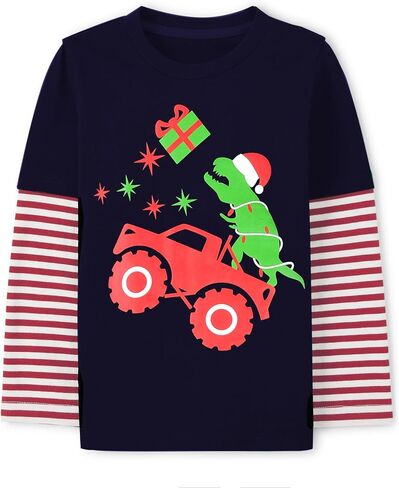 Boys Christmas Tees Girls Dinosaur Tops Stripe Long Sleeve Shirt Kids Truck T-Shirt for Toddler Xmas Gifts 3-9 Years in Saudi Arabia