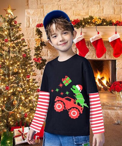 Boys Christmas Tees Girls Dinosaur Tops Stripe Long Sleeve Shirt Kids Truck T-Shirt for Toddler Xmas Gifts 3-9 Years in Saudi Arabia