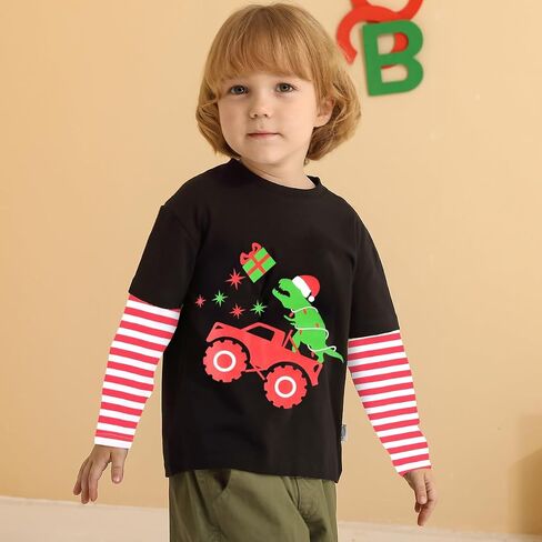 Boys Christmas Tees Girls Dinosaur Tops Stripe Long Sleeve Shirt Kids Truck T-Shirt for Toddler Xmas Gifts 3-9 Years in Saudi Arabia