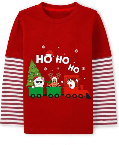 Boys Christmas Tees Girls Dinosaur Tops Stripe Long Sleeve Shirt Kids Truck T-Shirt for Toddler Xmas Gifts 3-9 Years in Saudi Arabia