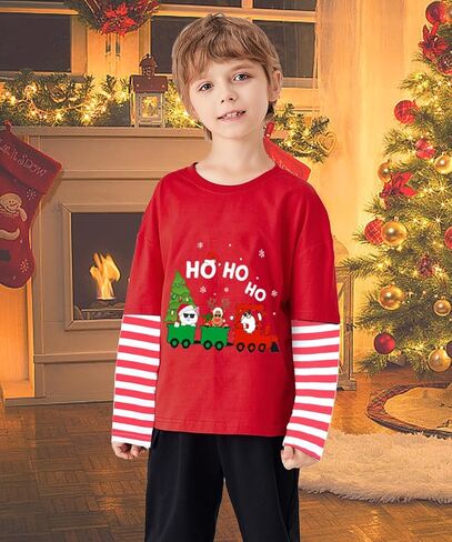 Boys Christmas Tees Girls Dinosaur Tops Stripe Long Sleeve Shirt Kids Truck T-Shirt for Toddler Xmas Gifts 3-9 Years in Saudi Arabia
