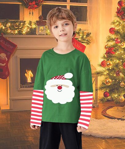 Boys Christmas Tees Girls Dinosaur Tops Stripe Long Sleeve Shirt Kids Truck T-Shirt for Toddler Xmas Gifts 3-9 Years in Saudi Arabia